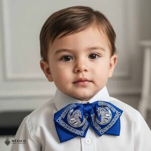 Blue Mexican Kids Embroidered Charro Moño – Traditional Baby Mariachi Bow